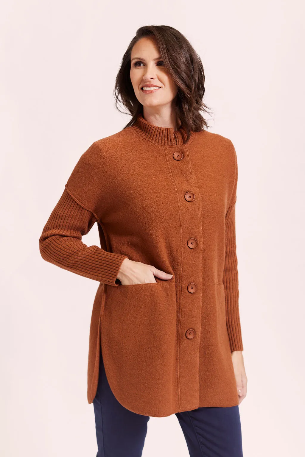 Boiled Wool Duffle Rib Sleeve Coat - Nutmeg