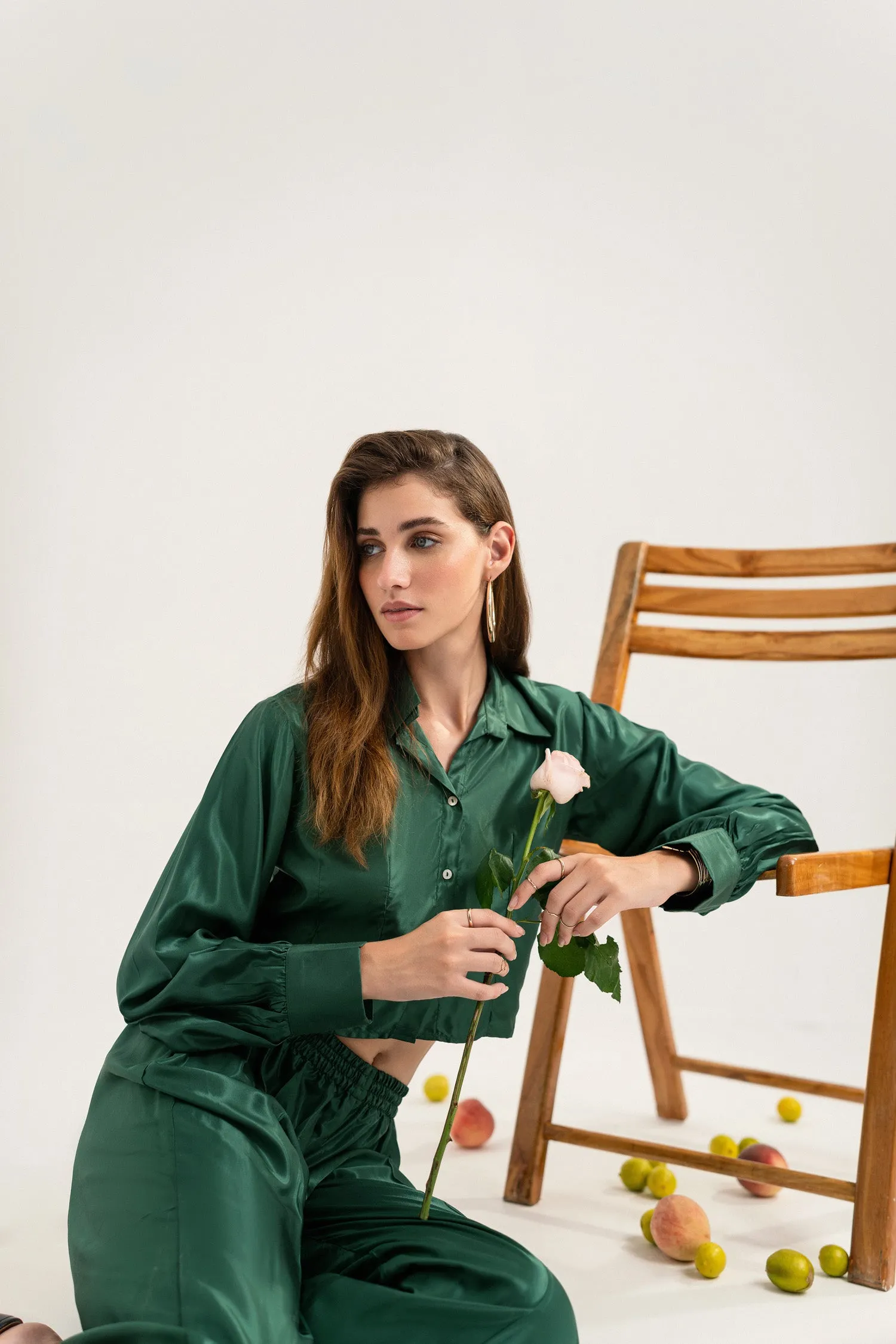 Bottle Green button-down Crop Top