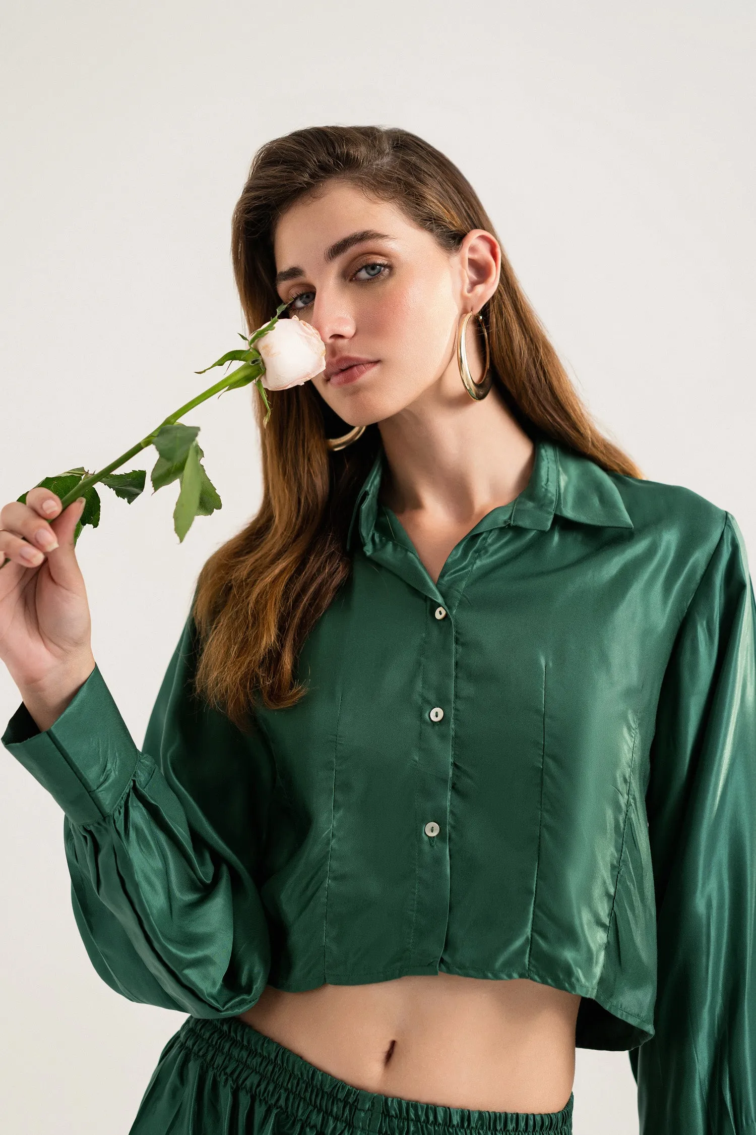 Bottle Green button-down Crop Top