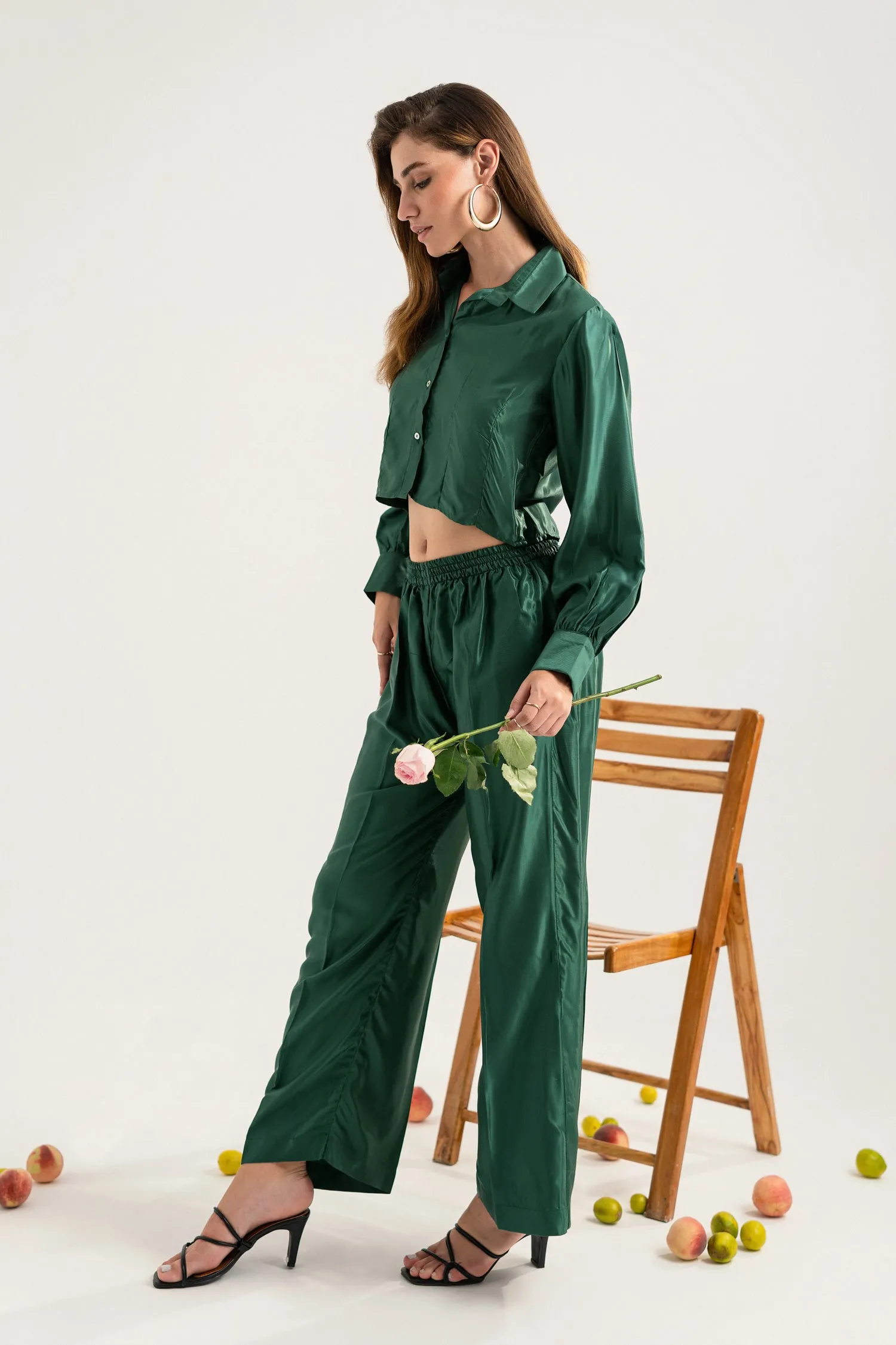 Bottle Green button-down Crop Top