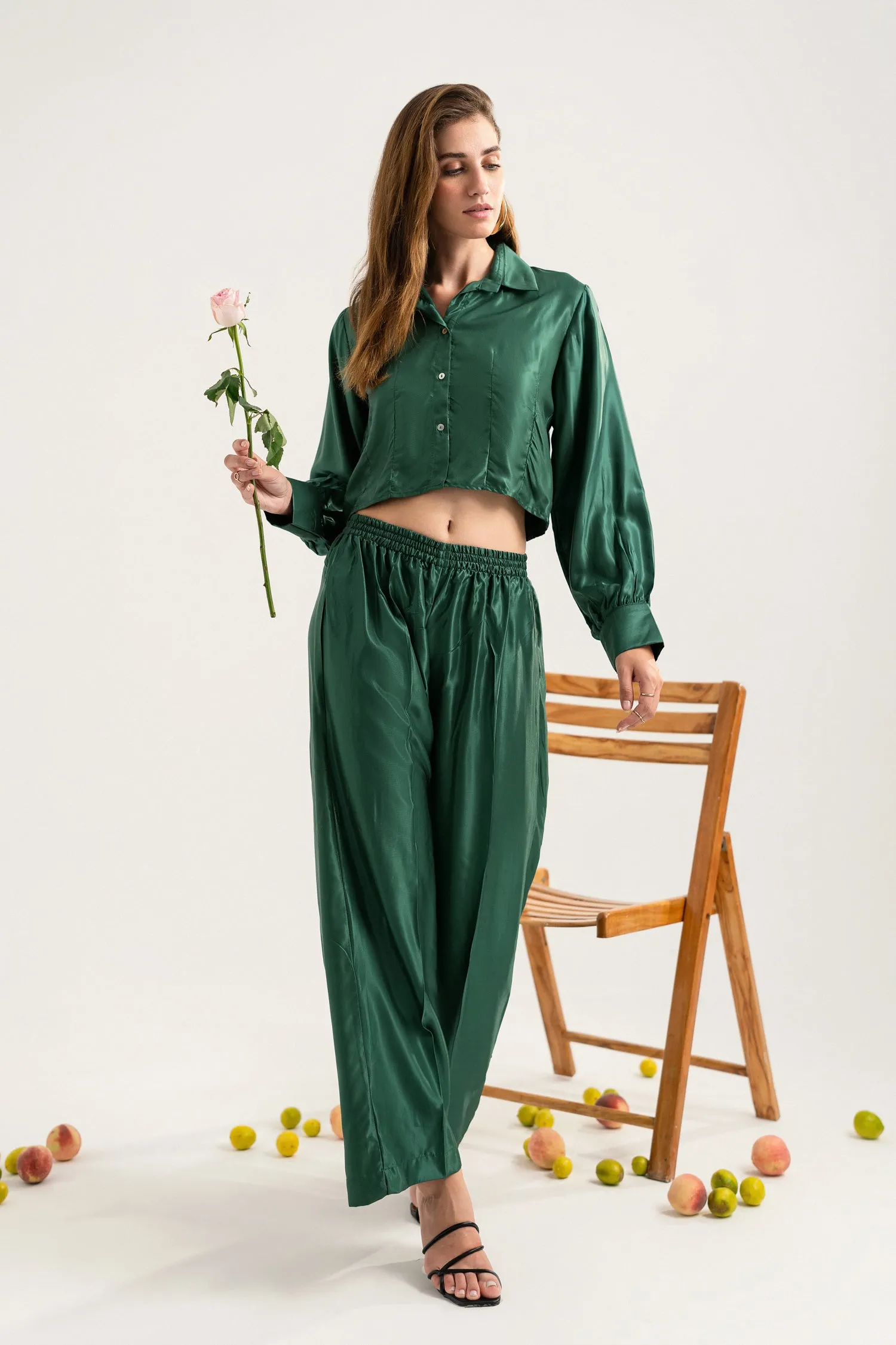 Bottle Green button-down Crop Top