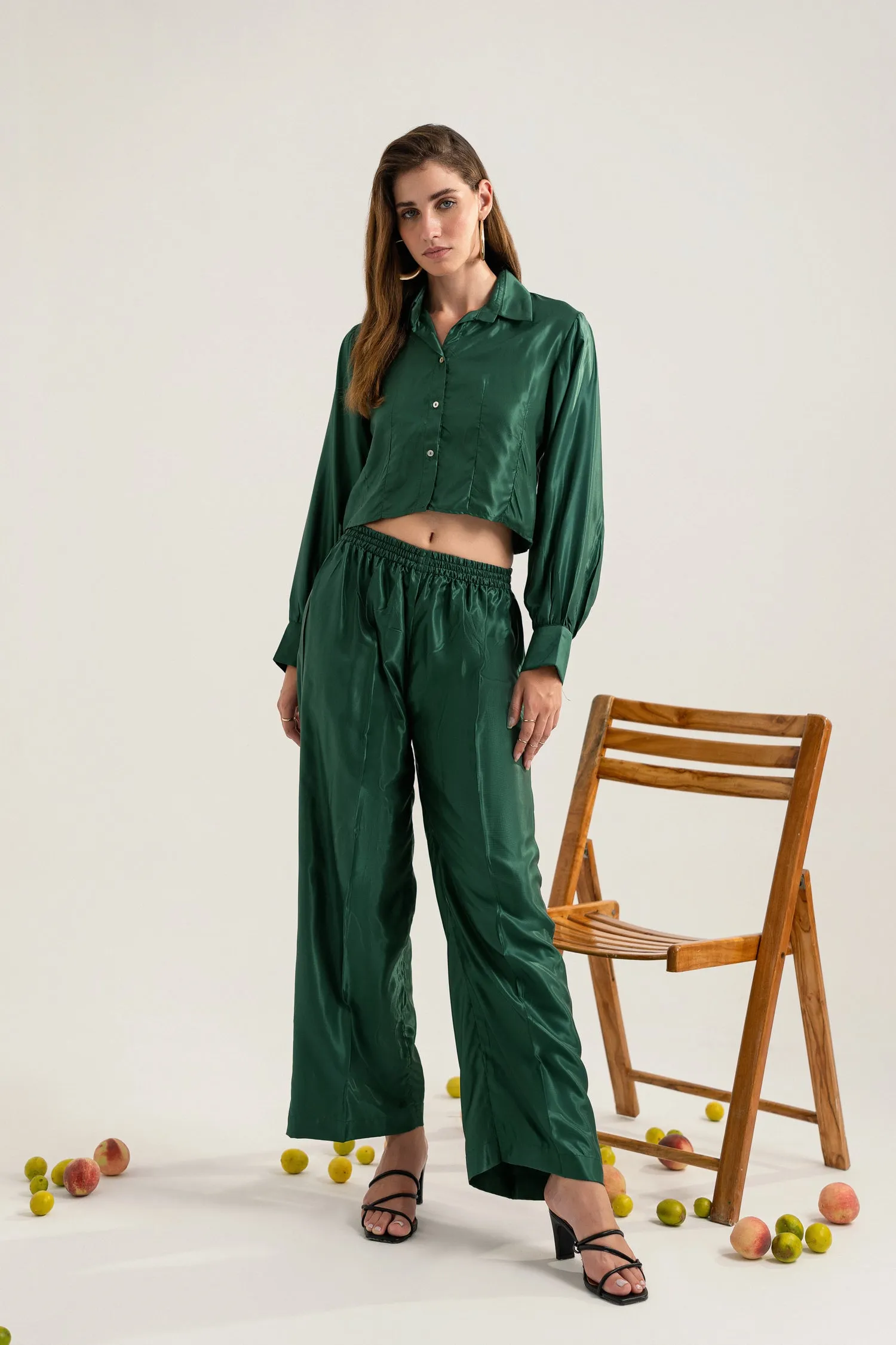 Bottle Green button-down Crop Top