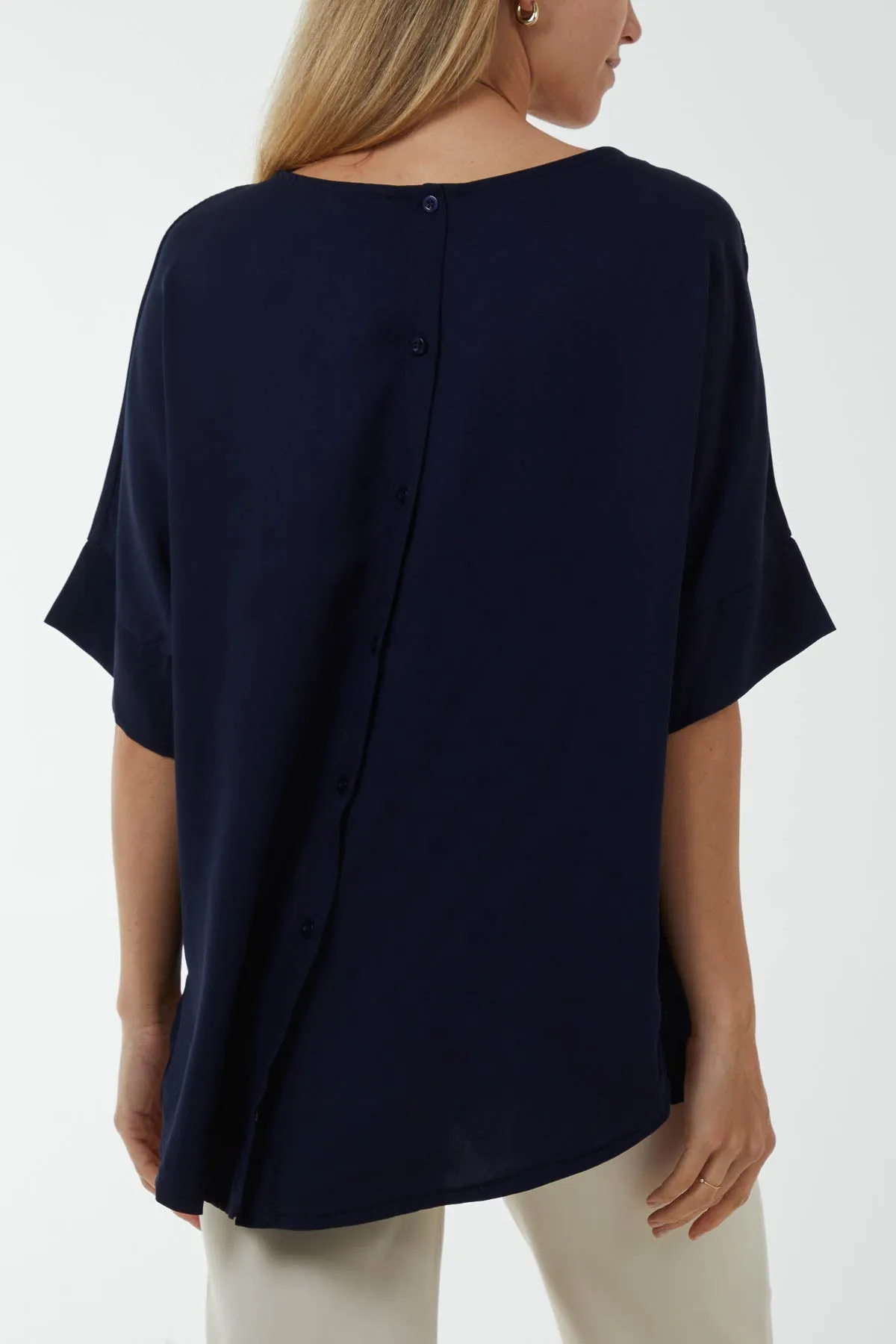 Button Back Asymmetric Necklace Top