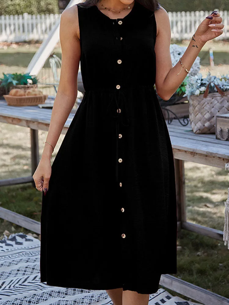 Button Drawstring O-neck Pure Color Sleeveless Casual Women Midi Dress