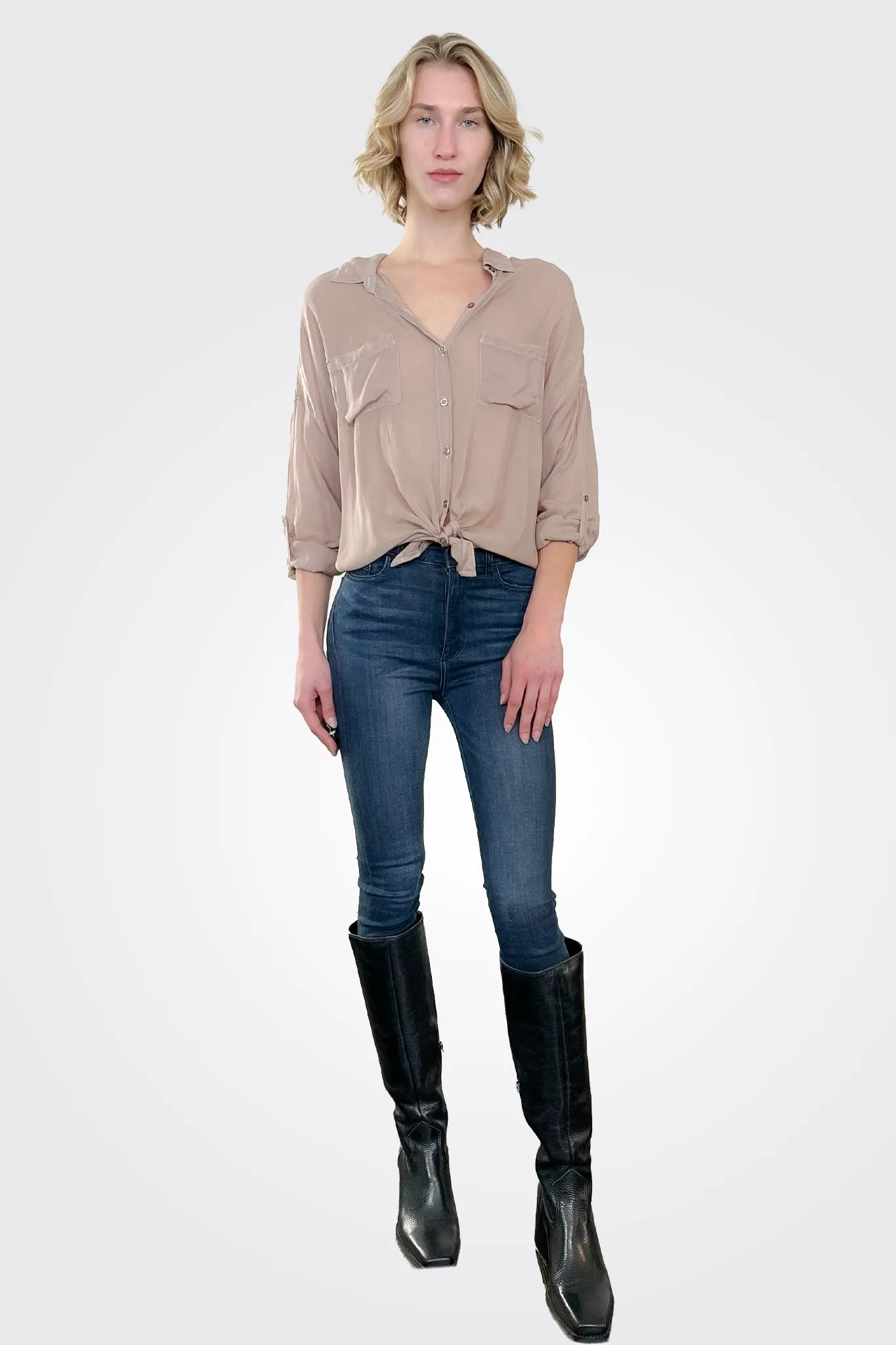 Cargo Pocket Tie Front Top - Khaki