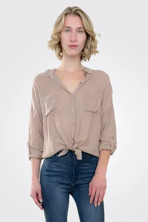 Cargo Pocket Tie Front Top - Khaki