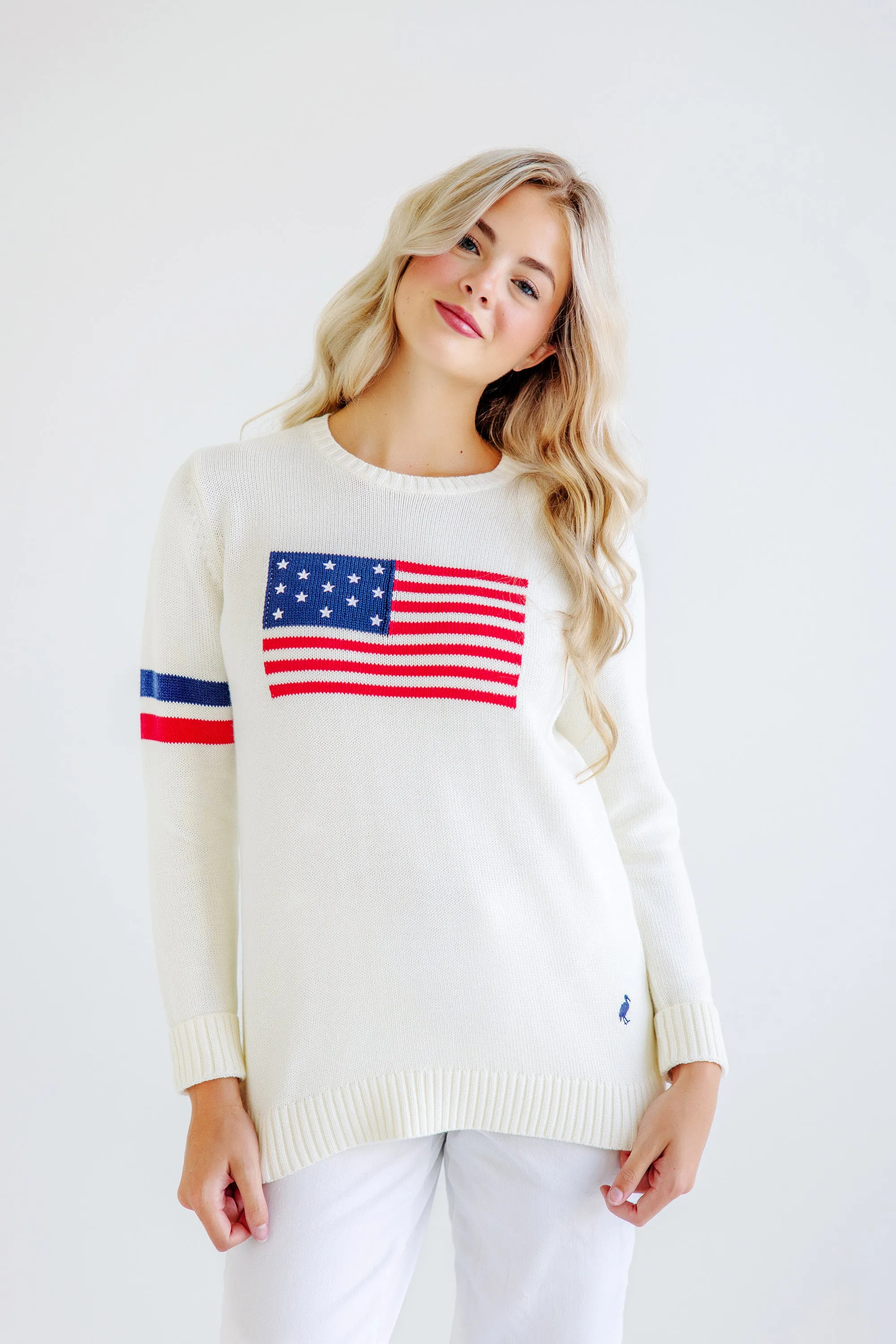 Cissy Intarsia Sweater (Women's) - Palmetto Pearl with American Flag Intarsia