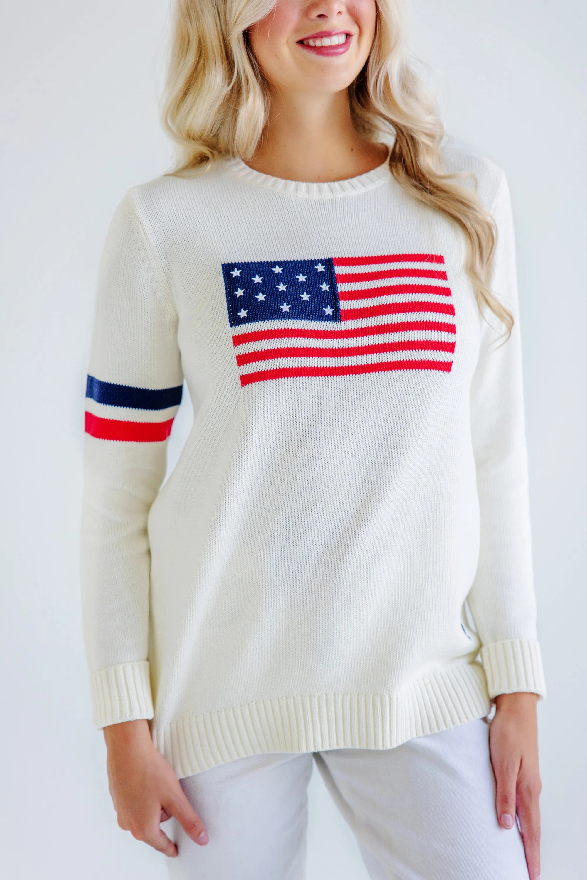 Cissy Intarsia Sweater (Women's) - Palmetto Pearl with American Flag Intarsia