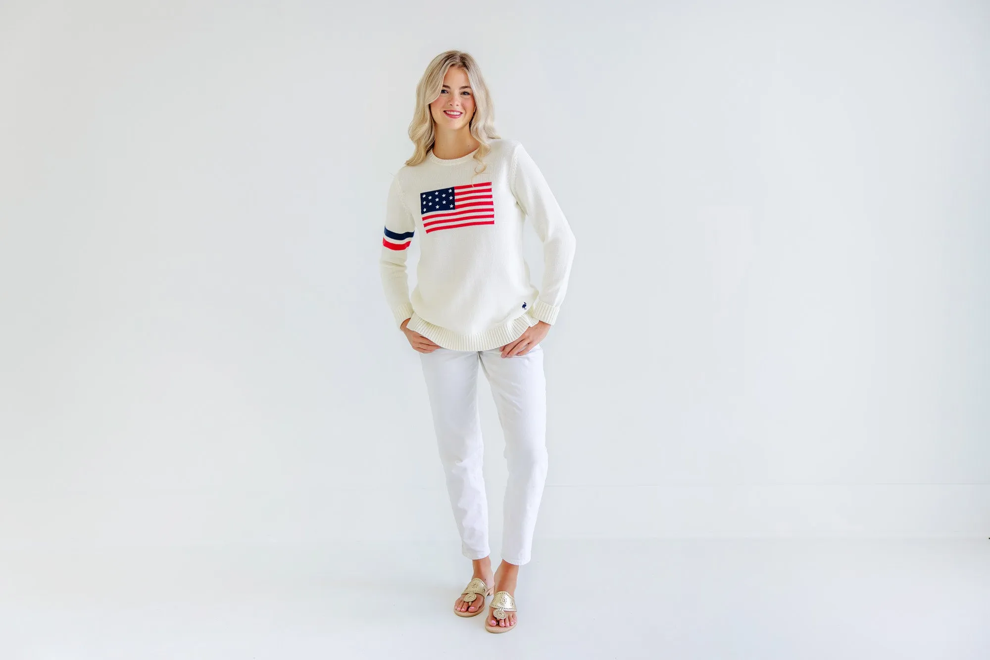 Cissy Intarsia Sweater (Women's) - Palmetto Pearl with American Flag Intarsia