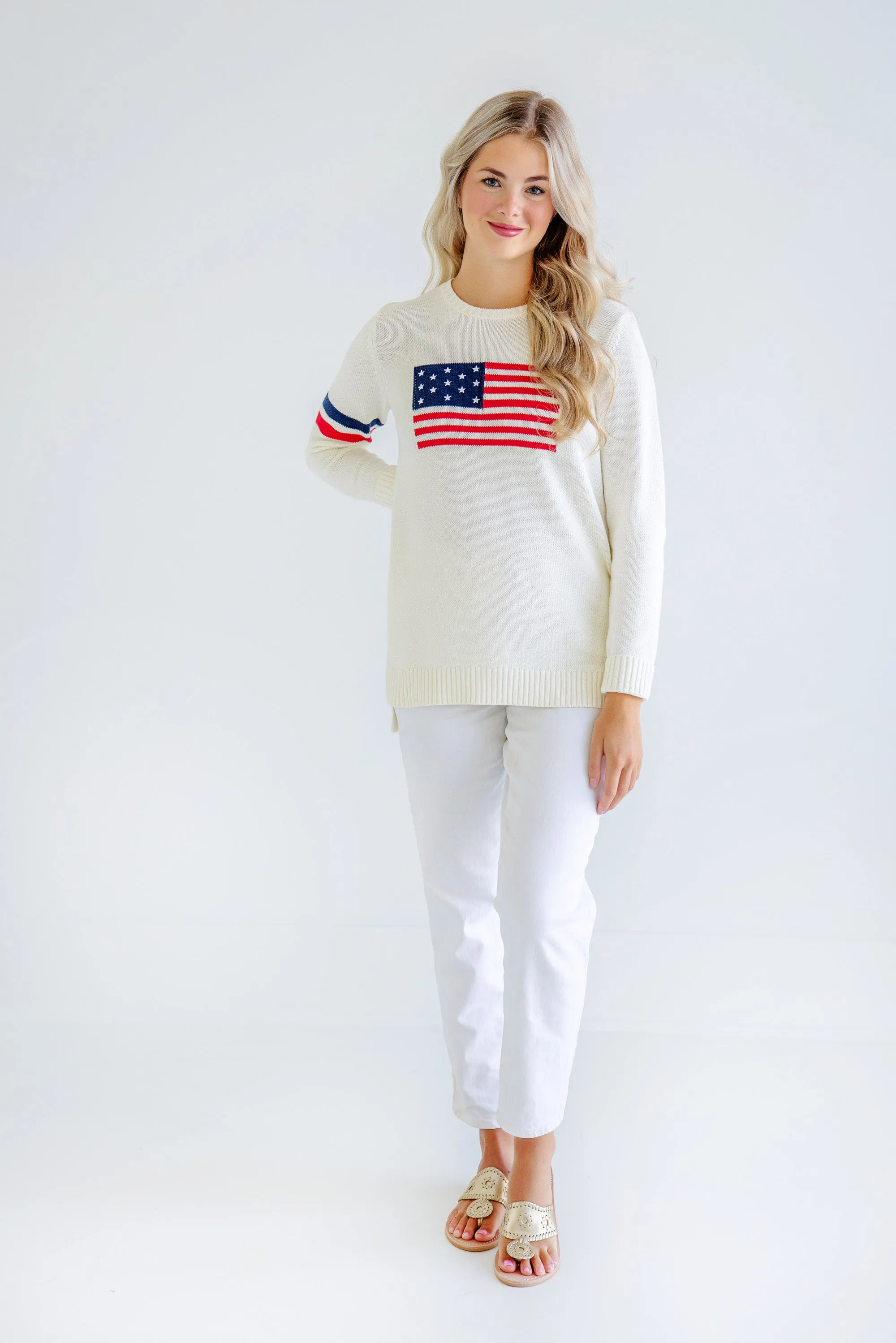 Cissy Intarsia Sweater (Women's) - Palmetto Pearl with American Flag Intarsia