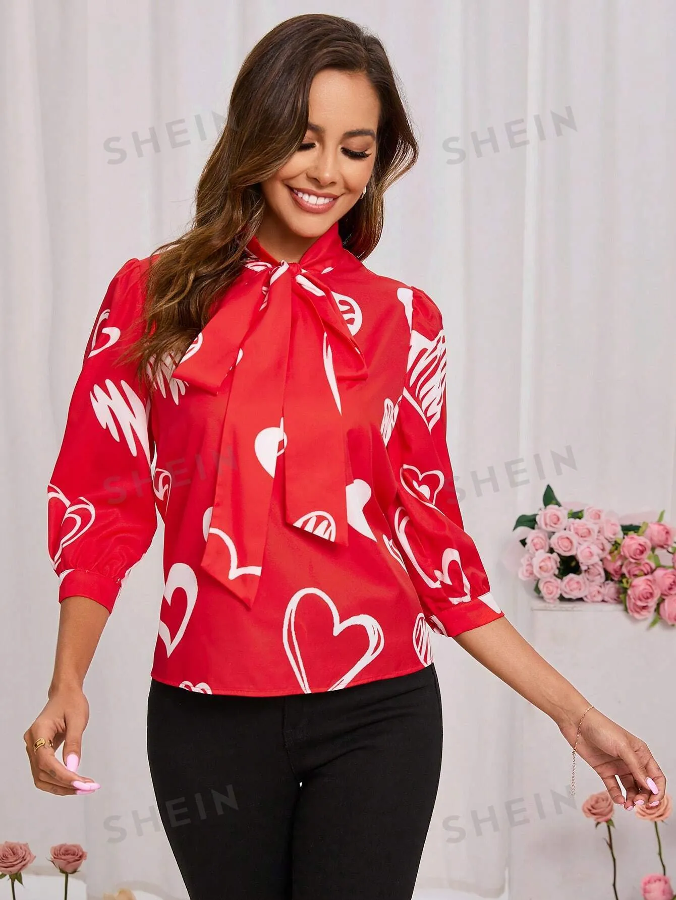 Clasi Ladies' Heart Print Collar Tie Red Shirt