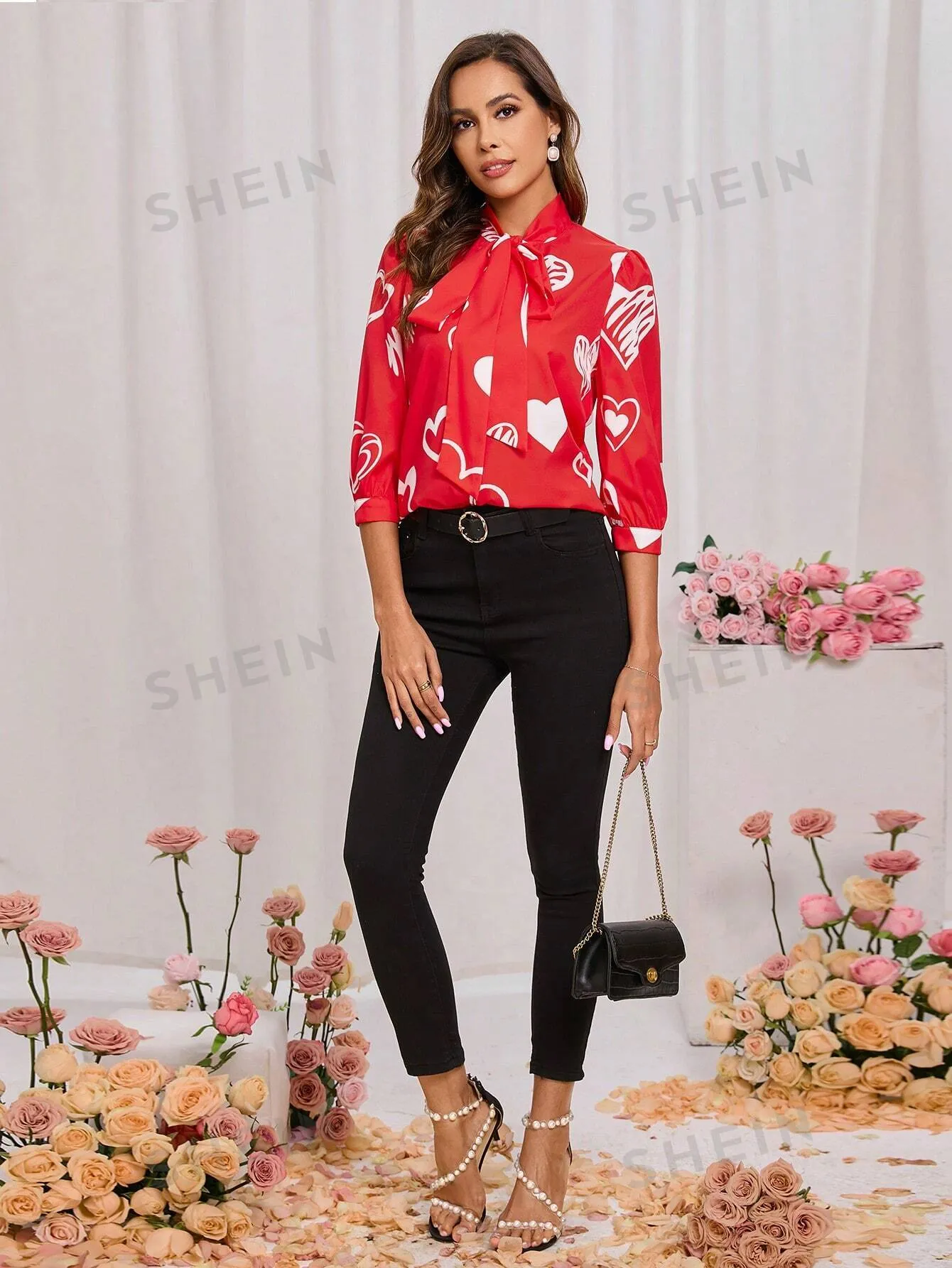 Clasi Ladies' Heart Print Collar Tie Red Shirt