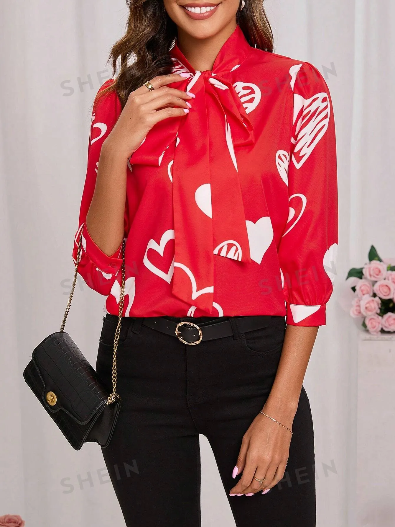 Clasi Ladies' Heart Print Collar Tie Red Shirt