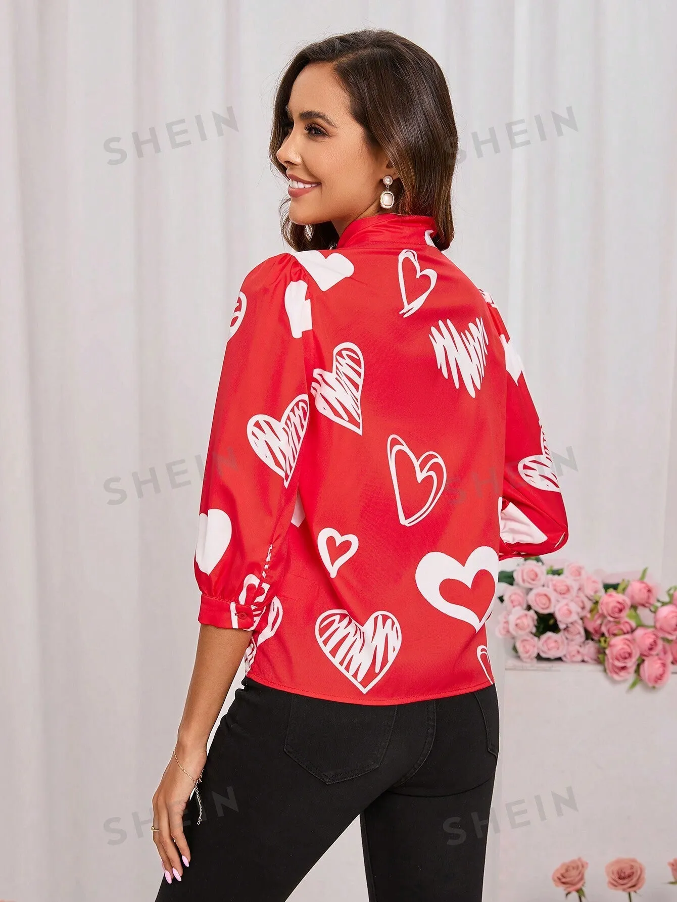 Clasi Ladies' Heart Print Collar Tie Red Shirt