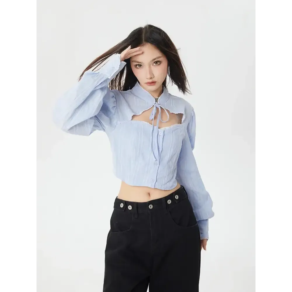 Classiccore Cut Out Crop Shirt with Lace Accents for Y2K Style