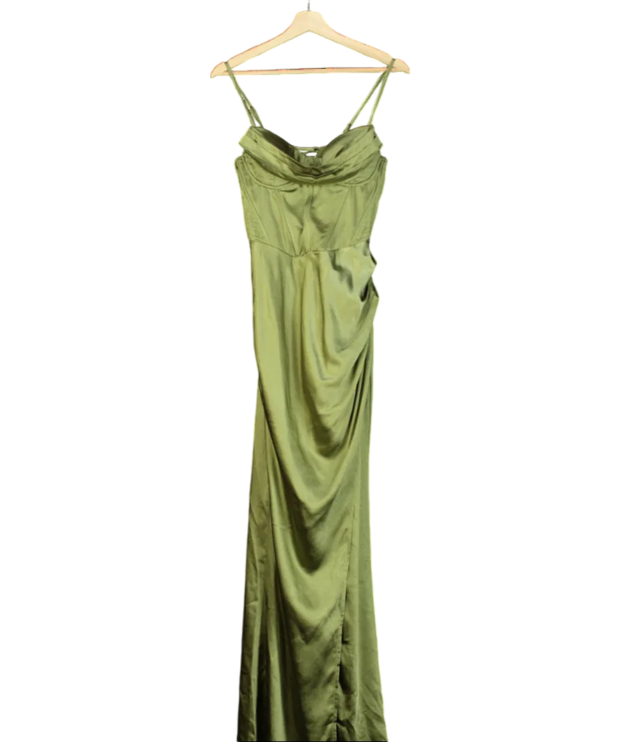 Club L Green Starlight Cowl Neck Satin Wrap Maxi Dress UK 10
