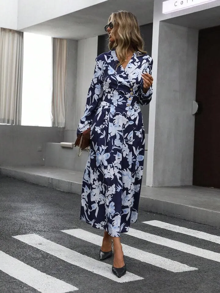 CM-DS189104 Women Elegant Seoul Style Floral Print Wrap Front Cinched Waist Button Dress