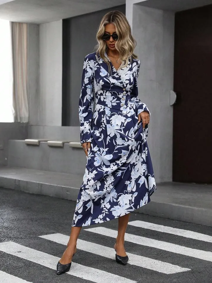 CM-DS189104 Women Elegant Seoul Style Floral Print Wrap Front Cinched Waist Button Dress