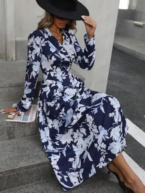 CM-DS189104 Women Elegant Seoul Style Floral Print Wrap Front Cinched Waist Button Dress