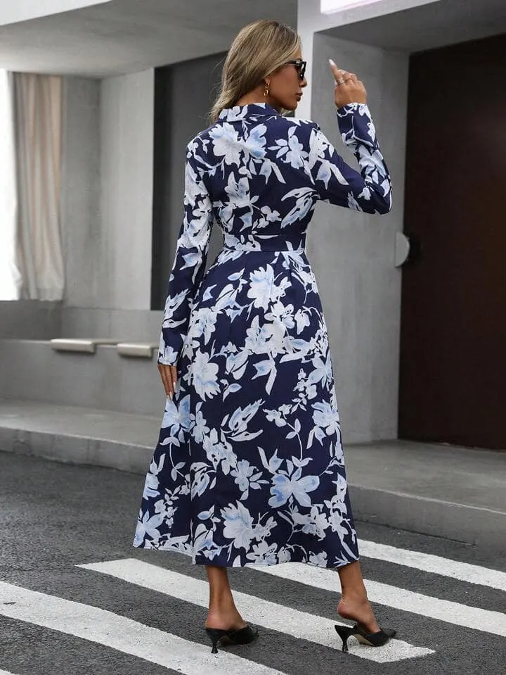 CM-DS189104 Women Elegant Seoul Style Floral Print Wrap Front Cinched Waist Button Dress