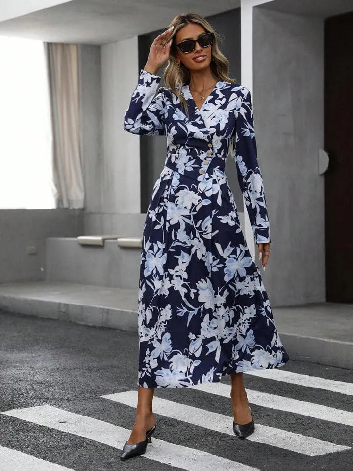 CM-DS189104 Women Elegant Seoul Style Floral Print Wrap Front Cinched Waist Button Dress