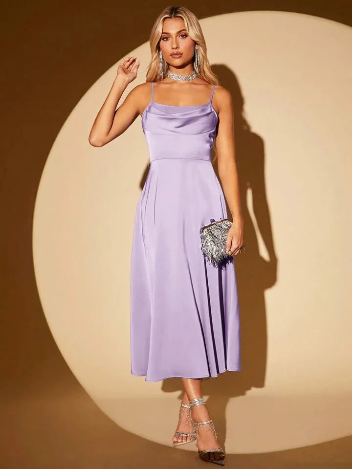 CM-DS219838 Women Elegant Seoul Style Draped Collar Zip Back Cami Dress - Mauve Purple