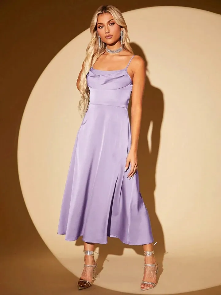CM-DS219838 Women Elegant Seoul Style Draped Collar Zip Back Cami Dress - Mauve Purple