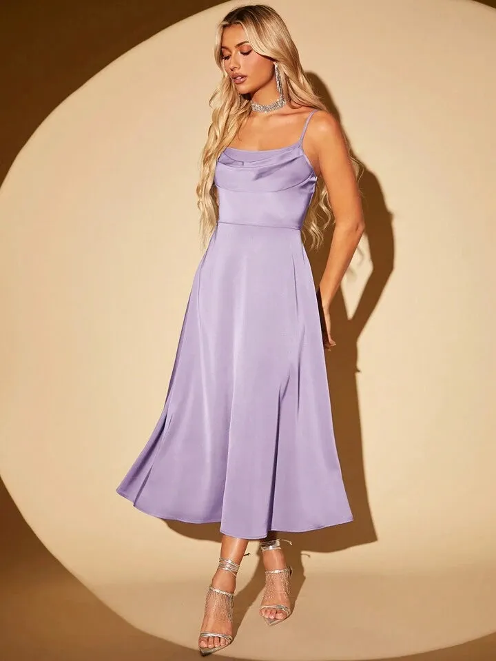 CM-DS219838 Women Elegant Seoul Style Draped Collar Zip Back Cami Dress - Mauve Purple
