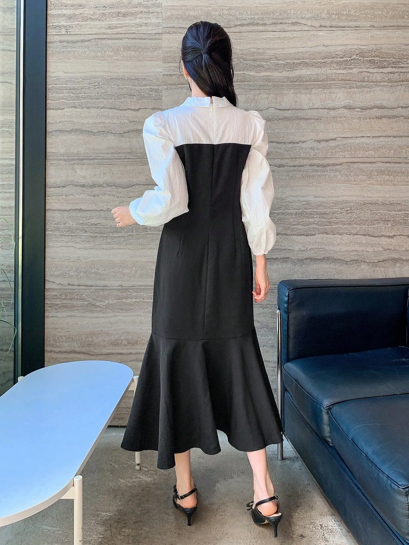 CM-DS320364 Women Elegant Seoul Style Color Block Patchwork Fishtail Hem 2 In 1 Dress