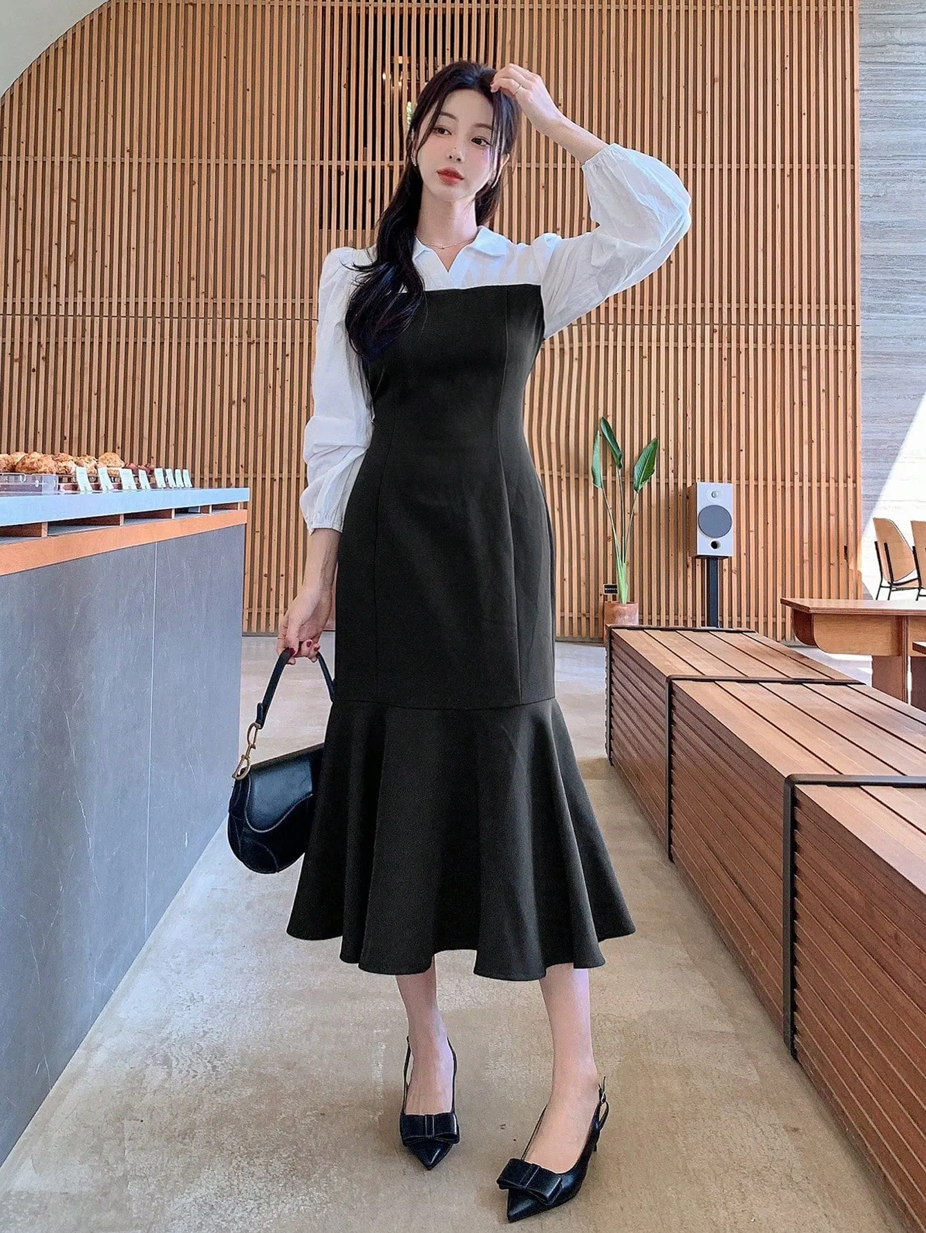 CM-DS320364 Women Elegant Seoul Style Color Block Patchwork Fishtail Hem 2 In 1 Dress