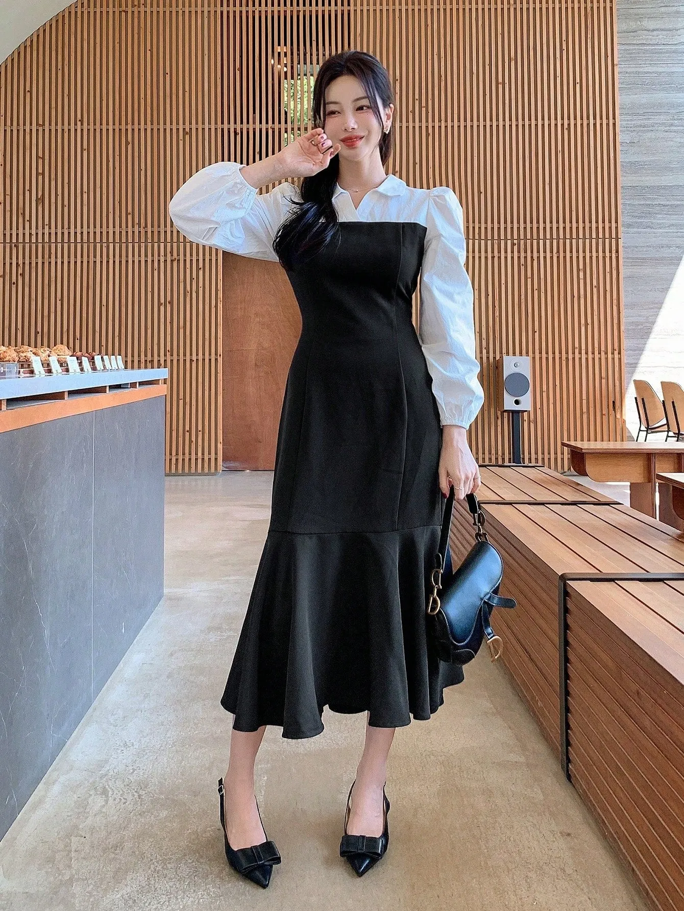 CM-DS320364 Women Elegant Seoul Style Color Block Patchwork Fishtail Hem 2 In 1 Dress