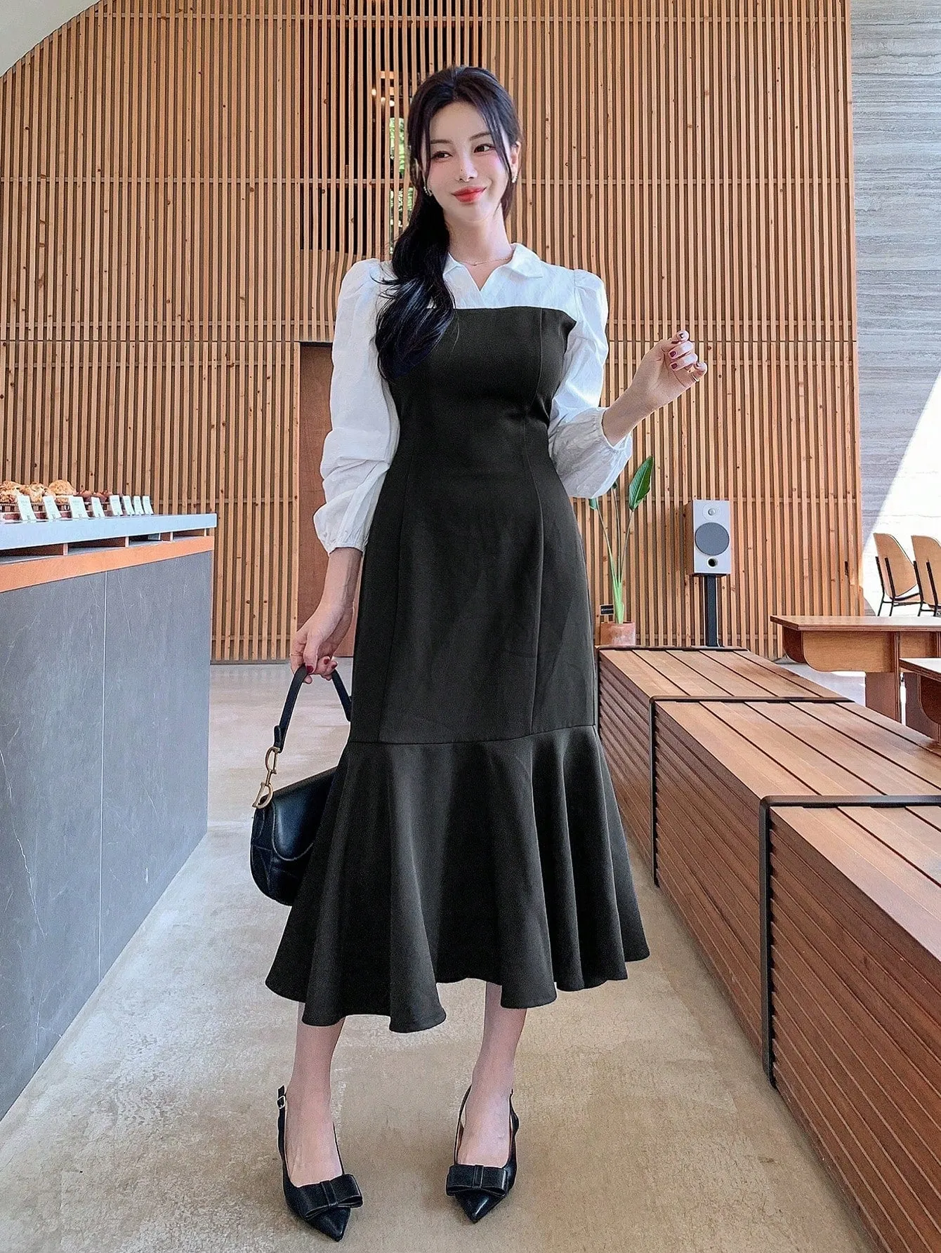 CM-DS320364 Women Elegant Seoul Style Color Block Patchwork Fishtail Hem 2 In 1 Dress