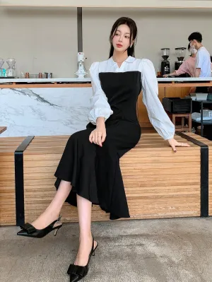 CM-DS320364 Women Elegant Seoul Style Color Block Patchwork Fishtail Hem 2 In 1 Dress