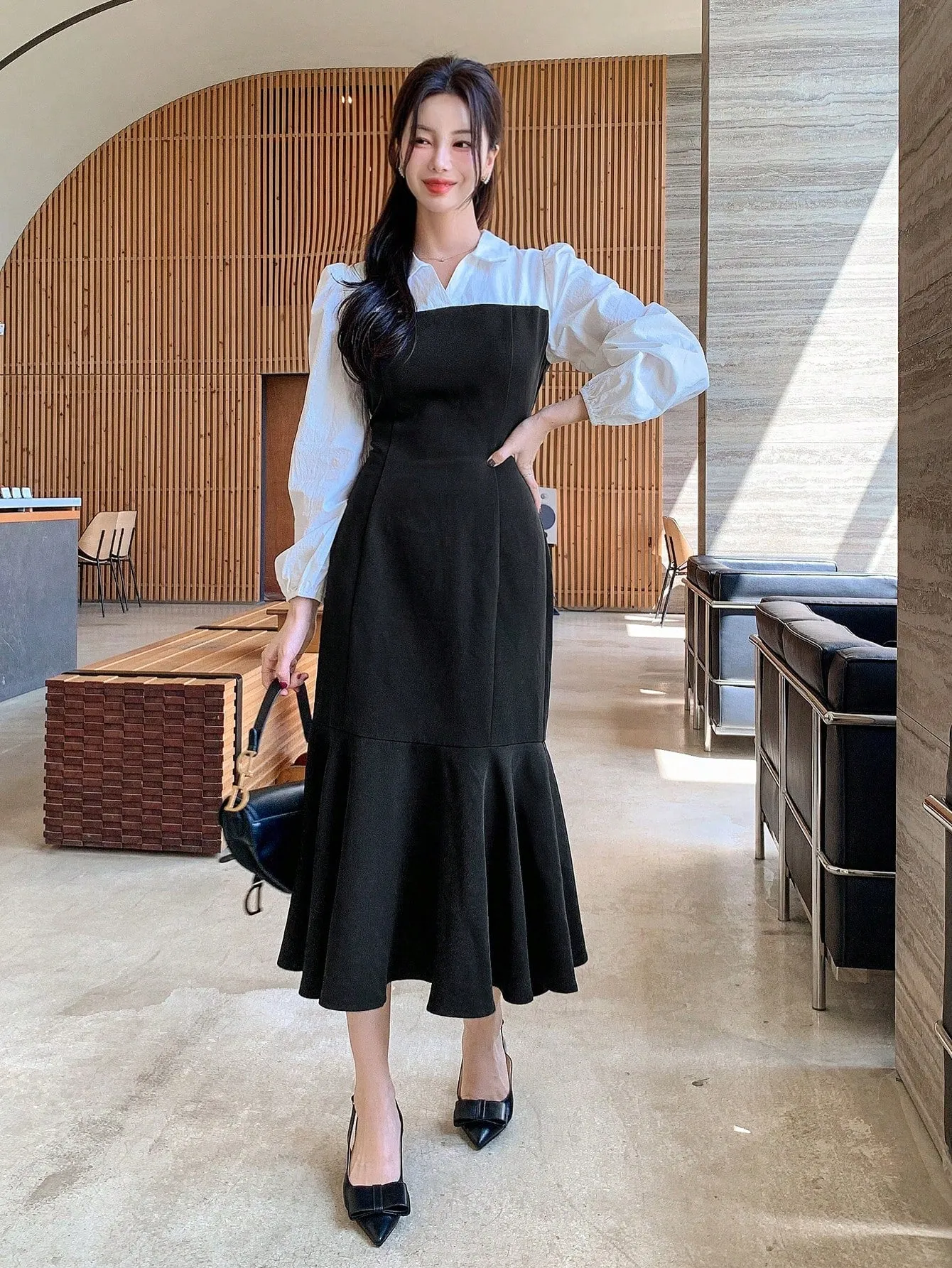 CM-DS320364 Women Elegant Seoul Style Color Block Patchwork Fishtail Hem 2 In 1 Dress