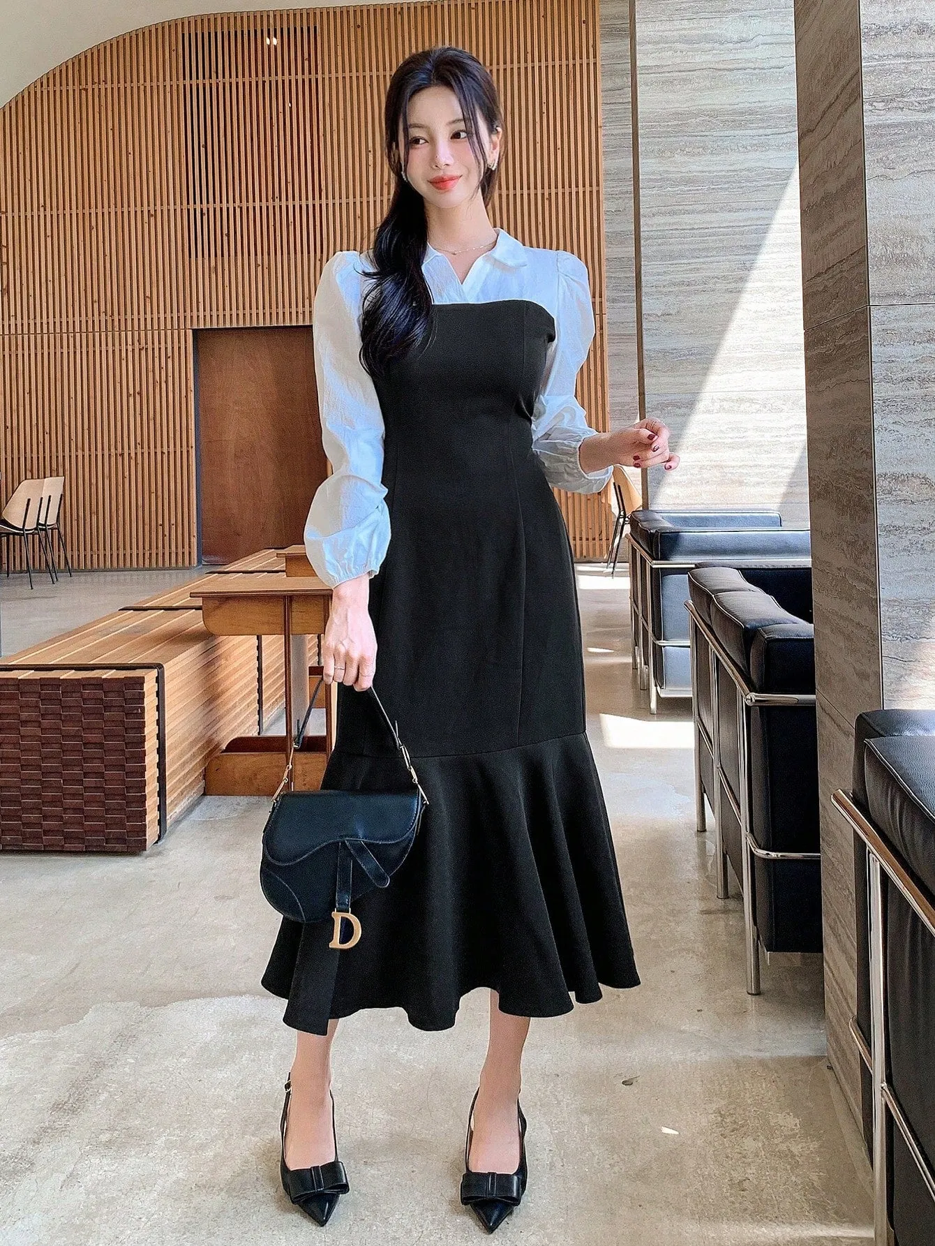 CM-DS320364 Women Elegant Seoul Style Color Block Patchwork Fishtail Hem 2 In 1 Dress