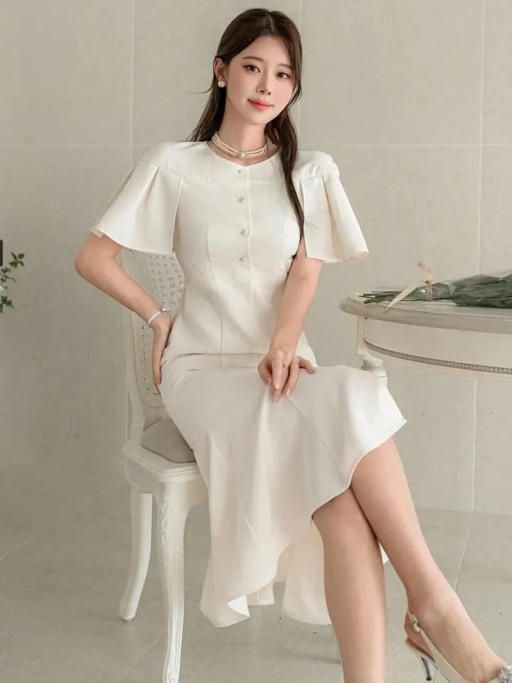 CM-DS342223 Women Elegant Seoul Style Solid Color Round Neck Short Sleeve Midi Dress - Beige