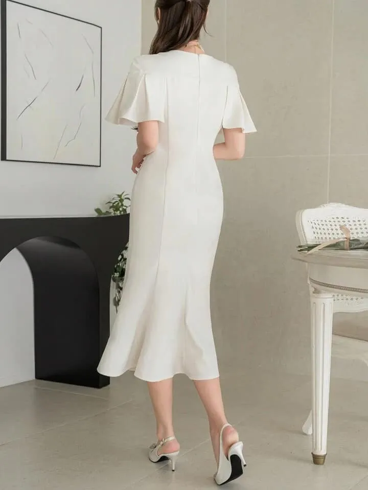 CM-DS342223 Women Elegant Seoul Style Solid Color Round Neck Short Sleeve Midi Dress - Beige