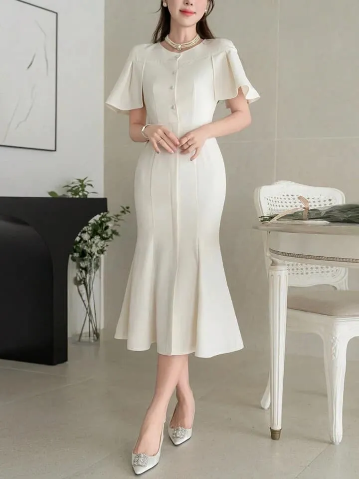 CM-DS342223 Women Elegant Seoul Style Solid Color Round Neck Short Sleeve Midi Dress - Beige