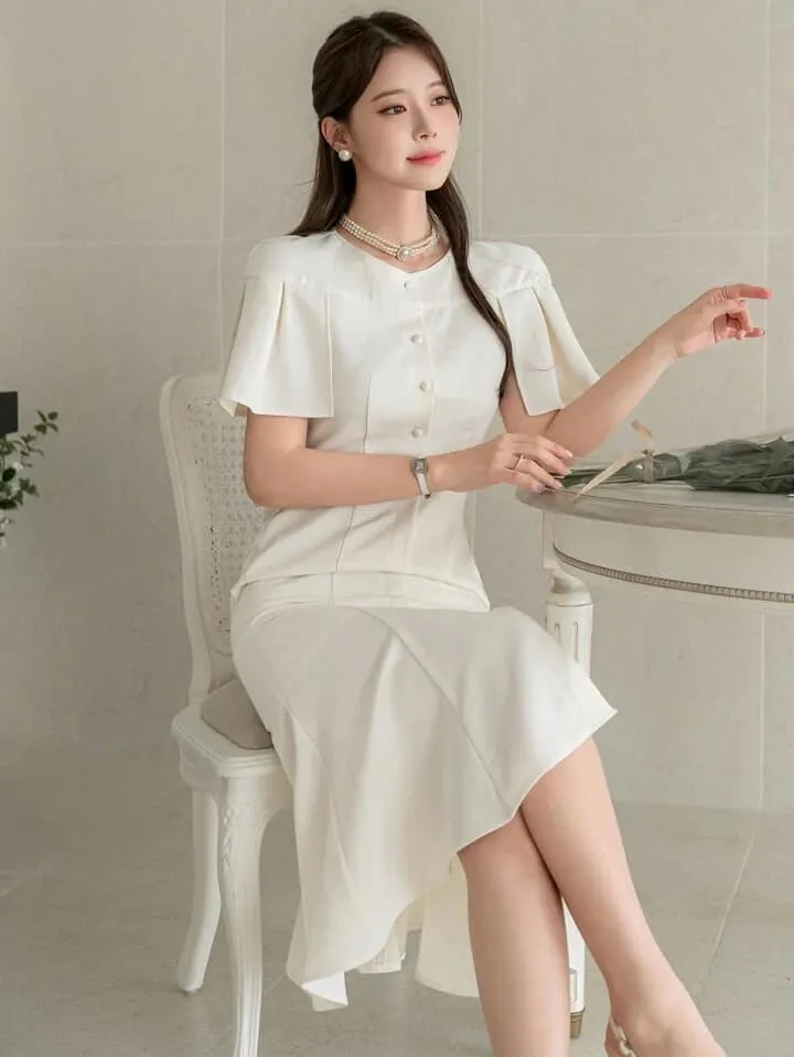 CM-DS342223 Women Elegant Seoul Style Solid Color Round Neck Short Sleeve Midi Dress - Beige