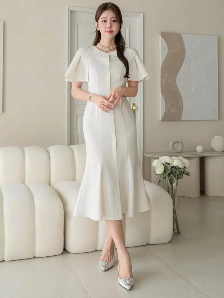CM-DS342223 Women Elegant Seoul Style Solid Color Round Neck Short Sleeve Midi Dress - Beige