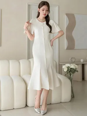 CM-DS342223 Women Elegant Seoul Style Solid Color Round Neck Short Sleeve Midi Dress - Beige