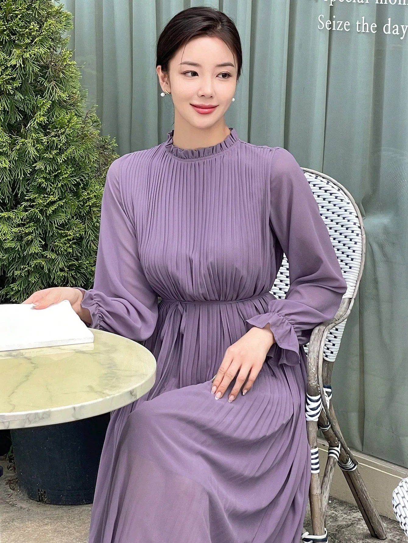 CM-DS351168 Women Casual Seoul Style Solid Color Ruched Long Sleeve Dress - Purple