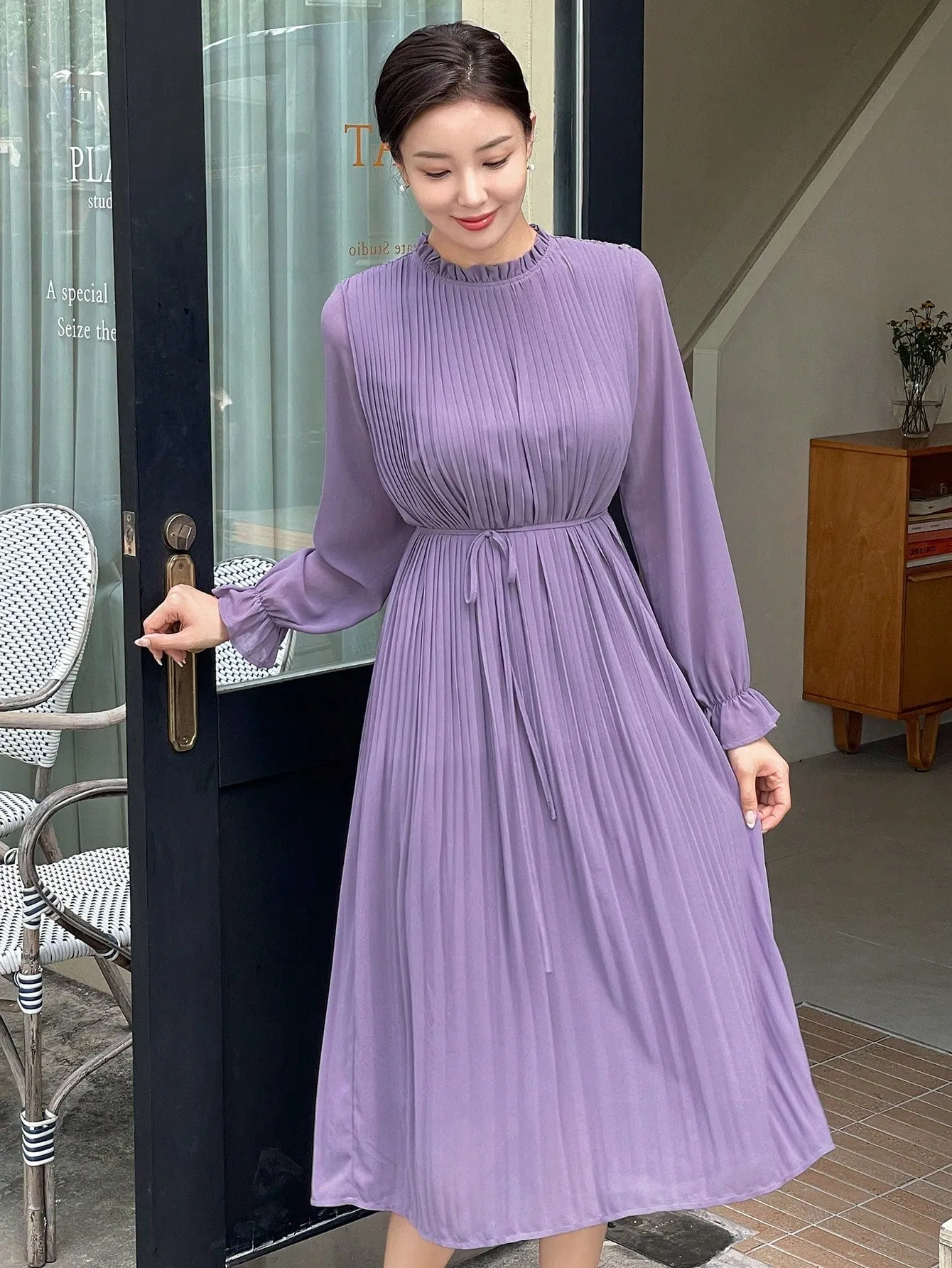 CM-DS351168 Women Casual Seoul Style Solid Color Ruched Long Sleeve Dress - Purple