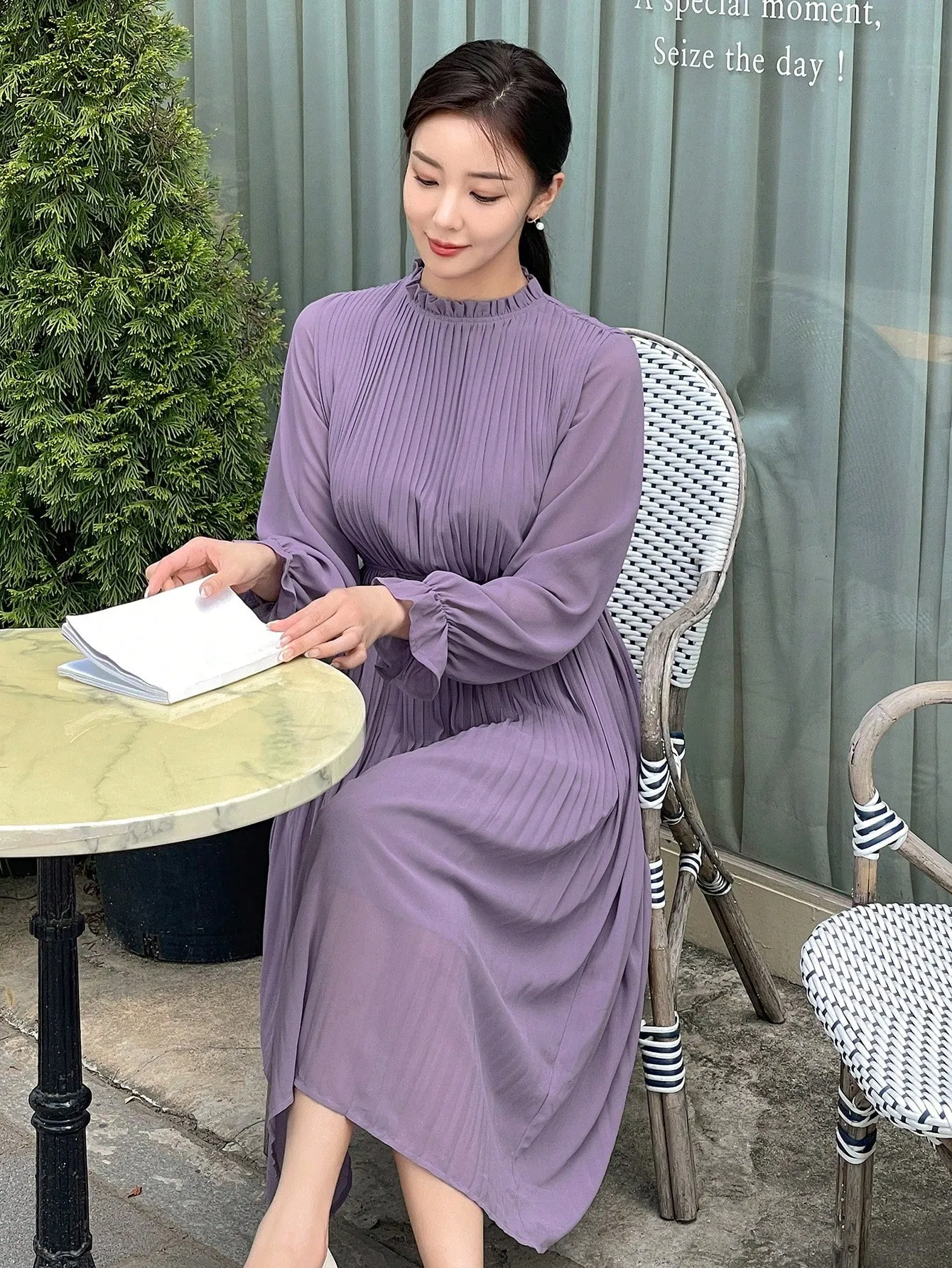 CM-DS351168 Women Casual Seoul Style Solid Color Ruched Long Sleeve Dress - Purple