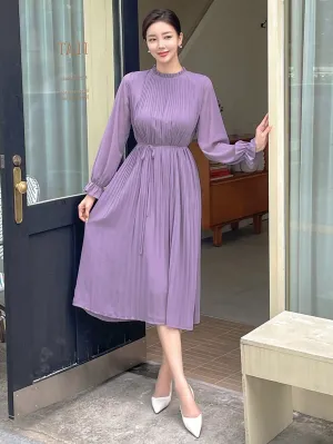 CM-DS351168 Women Casual Seoul Style Solid Color Ruched Long Sleeve Dress - Purple