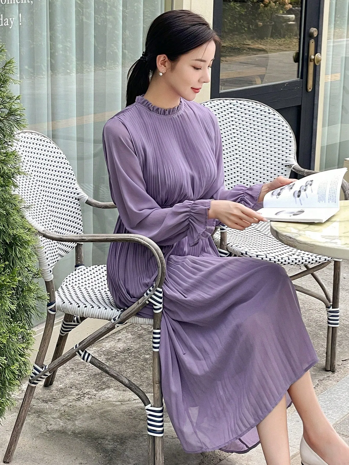 CM-DS351168 Women Casual Seoul Style Solid Color Ruched Long Sleeve Dress - Purple