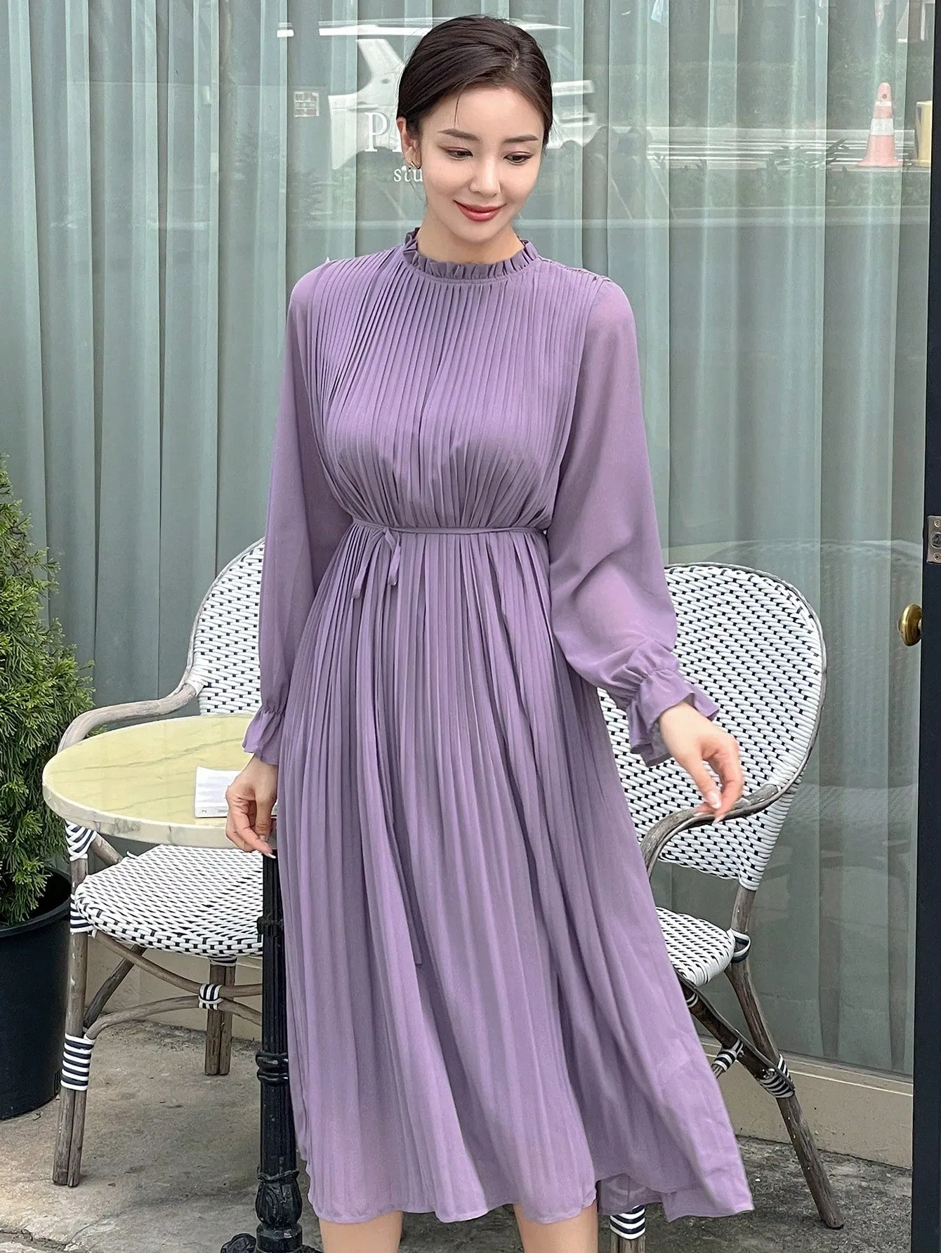 CM-DS351168 Women Casual Seoul Style Solid Color Ruched Long Sleeve Dress - Purple