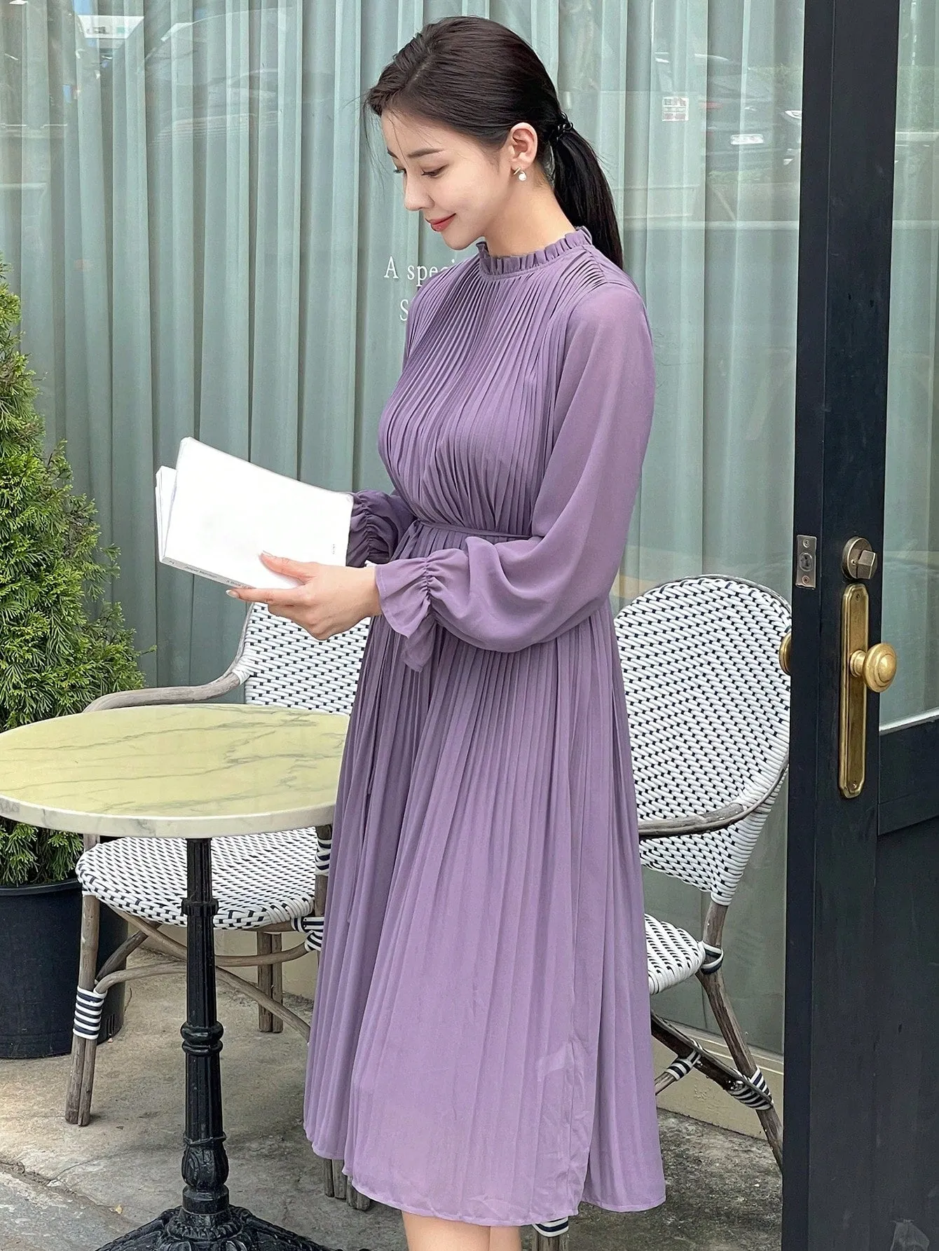 CM-DS351168 Women Casual Seoul Style Solid Color Ruched Long Sleeve Dress - Purple