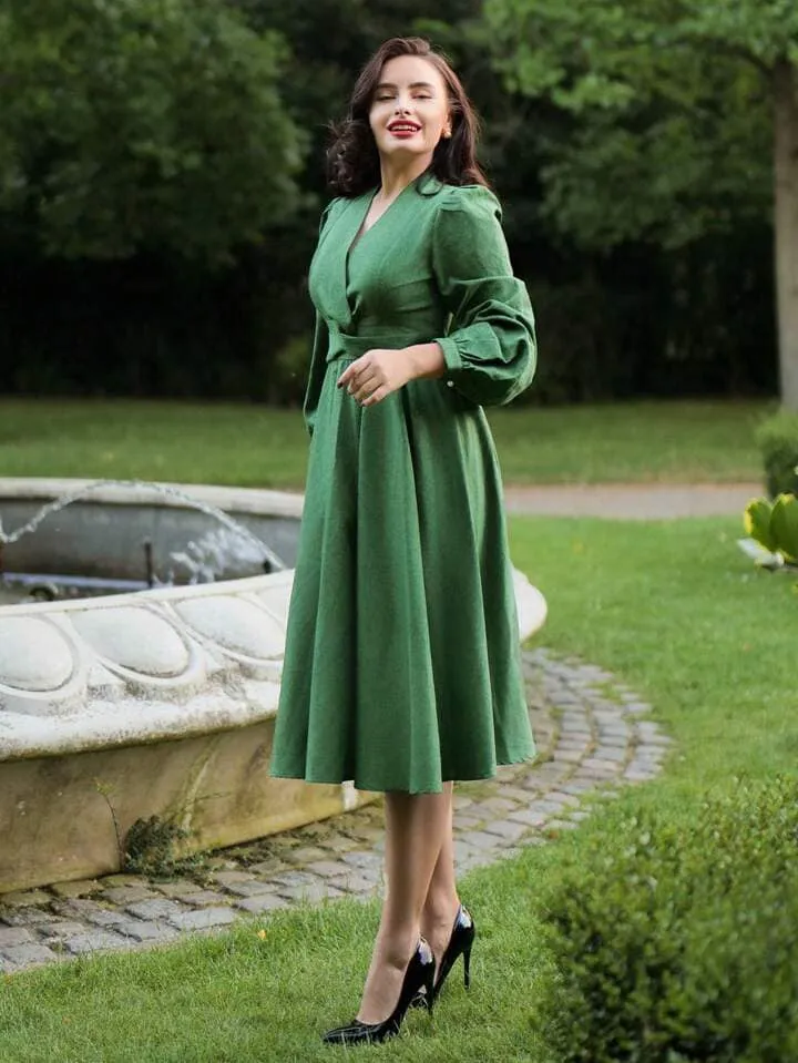 CM-DS422575 Women Elegant Seoul Style V-Neck Knot Puff Sleeve Long Sleeve A-Line Dress - Green