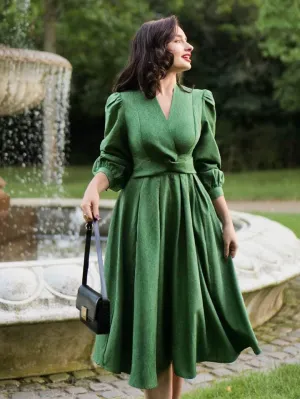 CM-DS422575 Women Elegant Seoul Style V-Neck Knot Puff Sleeve Long Sleeve A-Line Dress - Green